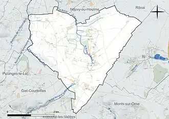 Carte en couleur présentant le réseau hydrographique de la commune