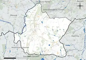 Carte en couleur présentant le réseau hydrographique de la commune