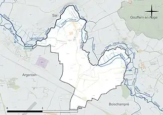 Carte en couleur présentant le réseau hydrographique de la commune