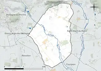 Carte en couleur présentant le réseau hydrographique de la commune