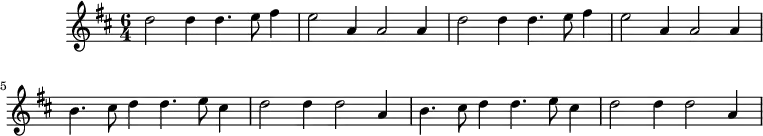 
\version "2.18.2"
\header {
  tagline = ##f
}

\score {
  \new Staff \with {

  }
<<
  \relative c'' {
    \key d \major
    \time 6/4
    \tempo 2 = 96
    \override TupletBracket #'bracket-visibility = ##f 

     %%%%
     \repeat unfold 2 { d2 d4 d4. e8 fis4 e2 a,4 a2 a4 }
     \repeat unfold 2 { b4. cis8 d4 d4. e8 cis4 d2 d4 d2 a4 } 

  }
>>
  \layout {
     \context { \Score \remove "Metronome_mark_engraver" }
     \override SpacingSpanner.common-shortest-duration = #(ly:make-moment 1/2) 
  }
  \midi {}
}

