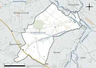 Carte en couleur présentant le réseau hydrographique de la commune