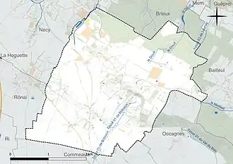 Carte en couleur présentant le réseau hydrographique de la commune