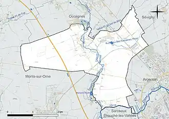 Carte en couleur présentant le réseau hydrographique de la commune