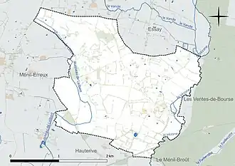 Carte en couleur présentant le réseau hydrographique de la commune