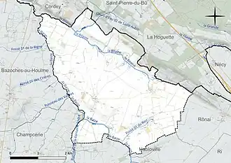 Carte en couleur présentant le réseau hydrographique de la commune