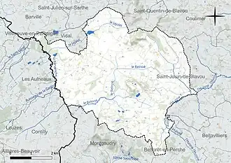 Carte en couleur présentant le réseau hydrographique de la commune