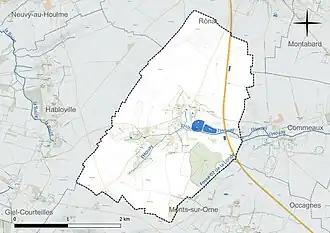 Carte en couleur présentant le réseau hydrographique de la commune