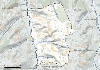 Carte en couleur présentant le réseau hydrographique de la commune