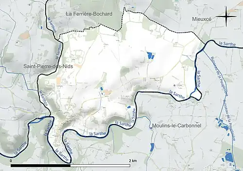 Carte en couleur présentant le réseau hydrographique de la commune