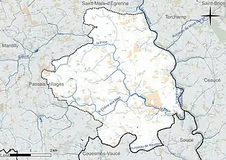 Carte en couleur présentant le réseau hydrographique de la commune