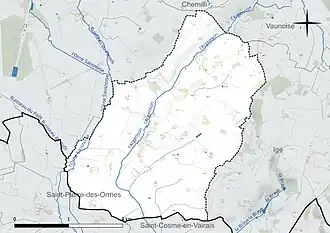 Carte en couleur présentant le réseau hydrographique de la commune