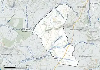Carte en couleur présentant le réseau hydrographique de la commune