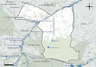 Carte en couleur présentant le réseau hydrographique de la commune