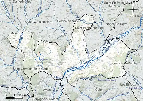 Carte en couleur présentant le réseau hydrographique de la commune