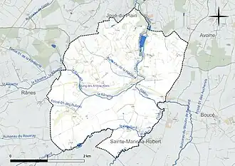 Carte en couleur présentant le réseau hydrographique de la commune