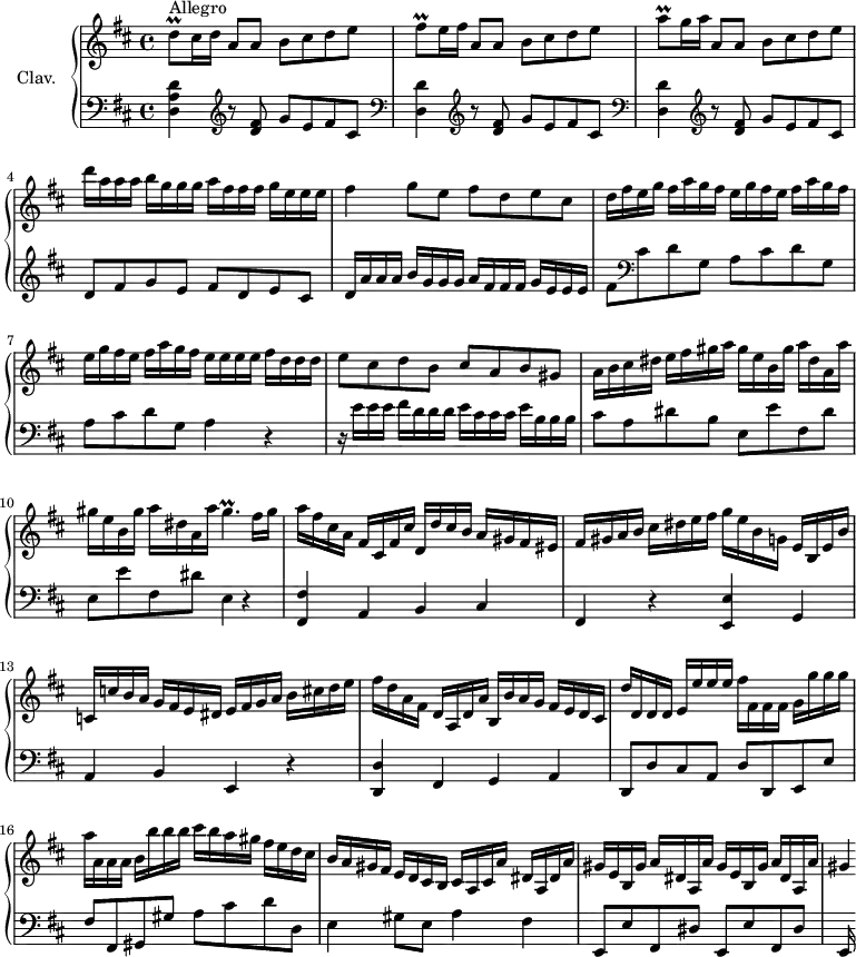 
\version "2.18.2"
\header {
  tagline = ##f
  % composer = "Domenico Scarlatti"
  % opus = "K. 435"
  % meter = "Allegro"
}

%% les petites notes
trillGisp     = { \tag #'print { gis4.\prall } \tag #'midi { a32 gis a gis~ gis4 } }
trillFisq     = { \tag #'print { fis8\prall } \tag #'midi { g32 fis g fis } }
trillAq       = { \tag #'print { a8\prall } \tag #'midi { b32 a b a } }
trillDq       = { \tag #'print { d8\prall } \tag #'midi { e32 d e d } }

upper = \relative c'' {
  \clef treble 
  \key d \major
  \time 4/4
  \tempo 4 = 118
  \set Staff.midiInstrument = #"harpsichord"
  \override TupletBracket.bracket-visibility = ##f

      s8*0^\markup{Allegro}
      \trillDq cis16 d a8 a b cis d e | \trillFisq e16 fis a,8 a b cis d e | \trillAq g16 a a,8 a b cis d e |
      % ms. 4
      d'16 a a a b g g g a fis fis fis g e e e | fis4 g8 e fis d e cis | d16 fis e g fis a g fis \repeat unfold 2 { e16 g fis e fis a g fis } |
      % ms. 7 suite
      e e e e fis d d d | e8 cis d b cis a b gis | a16 b cis dis e fis gis a gis e b gis' a dis, a a' |
      % ms. 10
      gis e b gis' a dis, a a' \trillGisp fis16 gis  | a16 fis cis a fis cis fis cis' d, d' cis b a gis fis eis | fis gis a b cis dis e fis g e b g e b e b' |
      % ms. 13
      c, c' b a g fis e dis e fis g a b cis d e | fis d a fis d a d a' b, b' a g fis e d cis  | d' d, d d e e' e e  fis fis, fis fis g g' g g |
      % ms. 16
      a16 a, a a b b' b b cis b a gis fis e d cis | b a gis fis e d cis b cis a cis a' dis, a dis a' | \repeat unfold 2 { gis e b gis' a dis, a a' } |
      % ms. 19
      gis4*1/4

}

lower = \relative c' {
  \clef bass
  \key d \major
  \time 4/4
  \set Staff.midiInstrument = #"harpsichord"
  \override TupletBracket.bracket-visibility = ##f

    % ************************************** \appoggiatura a8  \repeat unfold 2 {  } \times 2/3 { }   \omit TupletNumber 
      < d, a' d >4  \repeat unfold 2 { \clef treble  r8 < d' fis >8 g e fis cis |   \clef bass < d, d' >4 } \clef treble  r8 < d' fis >8 g e fis cis | 
      % ms. 4
      d8 fis g e fis d e cis | d16 a' a a b g g g a fis fis fis g e e e | fis8  \clef bass cis d g, a cis d g, |
      % ms. 7
      a8 cis d g, a4 r4  | r16 e'16 e e fis d d d e cis cis cis e b b b | cis8 a dis b e, e' fis, dis' |
      % ms. 10
      e,8 e' fis, dis' e,4 r4 | < fis, fis' >4 a4 b cis | fis, r4 < e e' > g 
      % ms. 13
      a4 b e, r4 | < d d' >4 fis4 g a | d,8 d' cis a d d, e e' |
      % ms. 16
      fis8 fis, gis gis' a cis d d, | e4 gis8 e a4 fis | \repeat unfold 2 { e,8 e' fis, dis' } | % comment arrêter ça ?
      % ms. 19
      e,16

}

thePianoStaff = \new PianoStaff <<
    \set PianoStaff.instrumentName = #"Clav."
    \new Staff = "upper" \upper
    \new Staff = "lower" \lower
  >>

\score {
  \keepWithTag #'print \thePianoStaff
  \layout {
      #(layout-set-staff-size 17)
    \context {
      \Score
     \override SpacingSpanner.common-shortest-duration = #(ly:make-moment 1/2)
      \remove "Metronome_mark_engraver"
    }
  }
}

\score {
  \keepWithTag #'midi \thePianoStaff
  \midi { }
}
