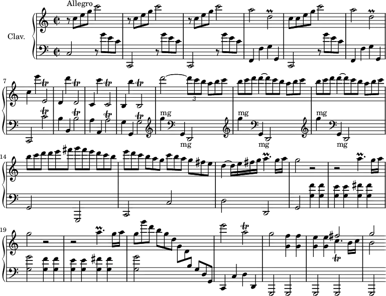 
\version "2.18.2"
\header {
  tagline = ##f
}

% petites notes
prallC     = { \tag #'print { c''2\trill } \tag #'midi { d16 c d c d c~ c8 } }
prallB     = { \tag #'print { b'2\trill } \tag #'midi { c16 b c b c b~ c8 } }
prallA     = { \tag #'print { a'2\trill } \tag #'midi { b16 a b a b a~ a8 } }
prallG     = { \tag #'print { g'2\trill } \tag #'midi { a16 g a g a g~ g8 } }

prallE     = { \tag #'print { e,,2\trill } \tag #'midi { f16 e f e f e~ e8 } }
prallD     = { \tag #'print { d,,2\trill } \tag #'midi { e16 d e d e d~ d8 } }
prallCdown = { \tag #'print { c,,2\trill } \tag #'midi { d16 c d c d c~ c8 } }
prallBdown = { \tag #'print { b,,2\trill } \tag #'midi { c16 b c b c b~ b8 } }

prallDdown = { \tag #'print { d,2\prall } \tag #'midi { e16 d e d e d~ d8 } }
prallAdown = { \tag #'print { a,2\trill } \tag #'midi { b16 a b a b a~ a8 } }
prallAqp   = { \tag #'print { a4.\prall } \tag #'midi { b16 a b a~ a8 } }
prallCqp   = { \tag #'print { c,4.\trill } \tag #'midi { d16 c d c~ c8 } }

upper = \relative c'' {
  \clef treble 
  \key c \major
  \time 2/2
  \tempo 2 = 86
  \set Staff.midiInstrument = #"harpsichord"
  \override TupletBracket.bracket-visibility = ##f

      s8*0^\markup{Allegro} \repeat unfold 3 { r8 c8 e g c2 } | a2 \prallDdown  |
      % ms. 5
      c8 c e g c2 | a2 \prallDdown | c4 e' \prallE | d4 d'' \prallD | c4 c'' \prallCdown |
      % ms. 10
      b4 b'' \prallBdown | d''2~ \times 2/3 { d8 c b } \omit TupletNumber \times 2/3 { a8[ b c] } | \times 2/3 { b c d } d4~ \times 2/3 { d8[ c b] } \times 2/3 { a8 b c } | \times 2/3 { b8[ c d] } d4~ \times 2/3 { d8 c b } \times 2/3 { a8[ b c] } |
      % ms. 14
      \times 2/3 { b8 c d } \times 2/3 { d8[ e fis] } \times 2/3 { g8 fis e } \times 2/3 { d8[ c b] } | \times 2/3 { e8 d c } \times 2/3 { b8[ a g] } \times 2/3 { c8 b a } \times 2/3 { g8[ fis e] } | d4~ d16 e fis g \prallAqp g16 a g2 r2 |
      % ms. 18
      r2 \prallAqp g16 a g2 r2 | r2 \prallAqp g16 a | \times 2/3 { g8 g' d } \times 2/3 { b8[ g d] } \times 2/3 { g,8 d \stemUp \change Staff = "lower" b } \times 2/3 { g8[ d g,] } 
      % ms. 22
      \stemDown \change Staff = "upper" e''''2 \prallAdown | g2 < g, f' >4 q < g e' > q << { fis'2 | g } \\ { \prallCqp b16 c | b2 } >>

}

lower = \relative c' {
  \clef bass
  \key c \major
  \time 2/2
  \set Staff.midiInstrument = #"harpsichord"

    % **************************************
       c,2 \repeat unfold 2 { r8 g''8 e c | c,,2 } \repeat unfold 2 { r8 g'''8 e c | f,,4 f' g g, |
       % ms. 5
       c,2 } \prallC | b4 b, \prallB | a4 a, \prallA |
       % ms. 10
       g4 g, \prallG  \repeat unfold 3 { \clef treble g''4^\markup{mg}    \clef bass g,,,4-\markup{mg}  d2 }|
       % ms. 14
       g2 g, | c c' | d d, | g \repeat unfold 2 { < g' f' >4 q
       % ms. 18
       < g e' >4 q < g fis' > q | < g g' >2 } s2 | 
       % ms. 22
       c,,4 c' d d, g,2 g g g g

} 

thePianoStaff = \new PianoStaff <<
    \set PianoStaff.instrumentName = #"Clav."
    \new Staff = "upper" \upper
    \new Staff = "lower" \lower
  >>

\score {
  \keepWithTag #'print \thePianoStaff
  \layout {
      #(layout-set-staff-size 17)
    \context {
      \Score
     \override SpacingSpanner.common-shortest-duration = #(ly:make-moment 1/2)
      \remove "Metronome_mark_engraver"
    }
  }
}

\score {
  \keepWithTag #'midi \thePianoStaff
  \midi { }
}
