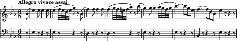 
<<
  \new Staff   \relative c'' {
         \clef "treble" 
         \tempo "Allegro vivace assai"
         \key ees \major
         \time 6/8
          \tempo 4 = 170
    \partial 8 bes8 (ees4) ees8 ees4 ees8
    ees4 (f32 ees d ees g8) r8 
    bes,8 (f'4) f8 f4 f8
    f4 (g32 f e f aes8) r8
    bes (g4) g8 g4 aes32 (g f g bes4.) ~ bes8 g ees
    f4. ~ f8 d bes ees4 r8 r4 r8
}
 \new Staff \relative c {      
         \clef  "bass"  
         \key ees \major
         \time 6/8  
         \partial 8 r8 ees4 r8 r4 r8 ees4 r8 r4 r8
         d4 r8 r4 r8 d4 r8 r4 r8
         ees4 r8 r4 r8 ees4 r8 r4 r8
         bes4 r8 r4 r8
         ees4 r8 r4 r8
}
>>
