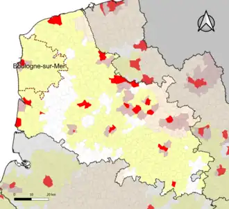 Localisation de l'aire d'attraction de Boulogne-sur-Mer dans le département du Pas-de-Calais.