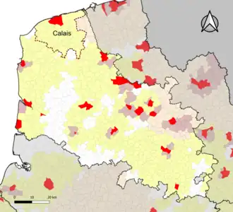 Localisation de l'aire d'attraction de Calais dans le département du Pas-de-Calais.