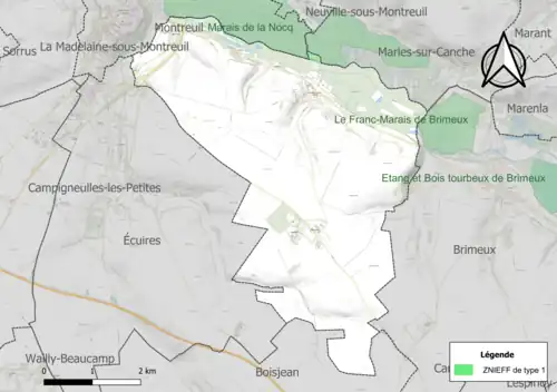 Carte des ZNIEFF de type 1 sur la commune.