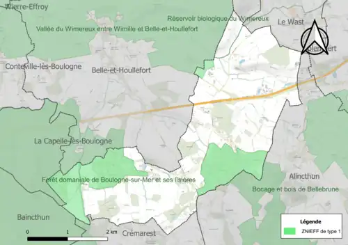 Carte des ZNIEFF de type 1 sur la commune.