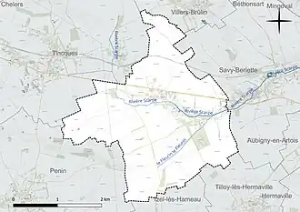 Carte en couleur présentant le réseau hydrographique de la commune