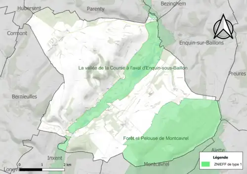 Carte des ZNIEFF de type 1 sur la commune.