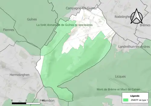 Carte des ZNIEFF de type 1 sur la commune.