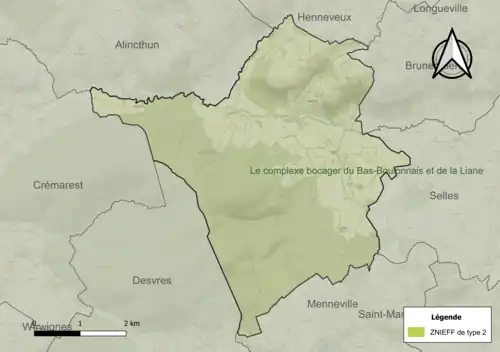 Carte de la ZNIEFF de type 2 sur la commune.