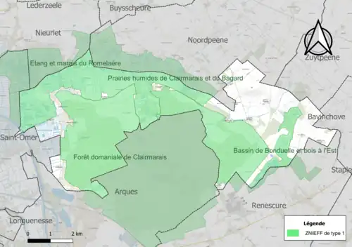 Carte des ZNIEFF de type 1 sur la commune.