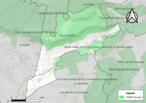 Carte des ZNIEFF de type 1 sur la commune.