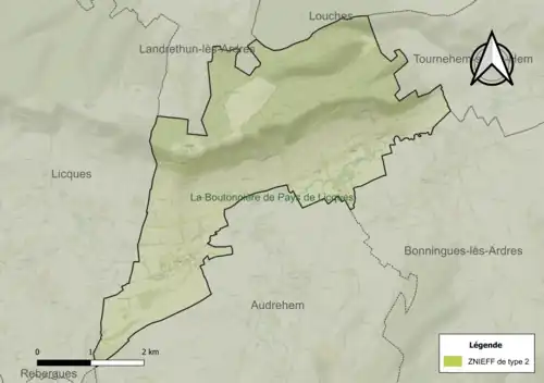 Carte de la ZNIEFF de type 2 sur la commune.