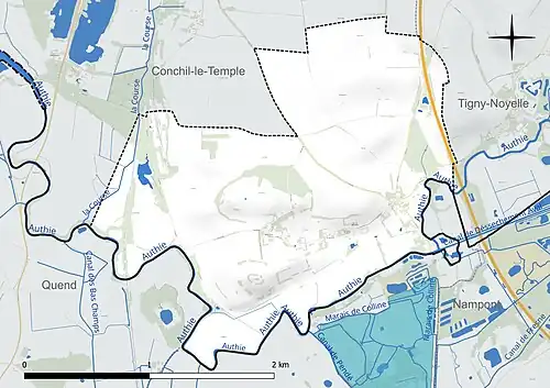 Carte en couleur présentant le réseau hydrographique de la commune