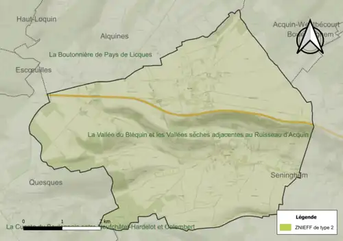Carte de la ZNIEFF de type 2 sur la commune.