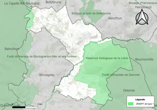 Carte des ZNIEFF de type 1 sur la commune.