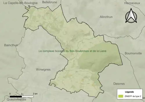 Carte de la ZNIEFF de type 2 sur la commune.