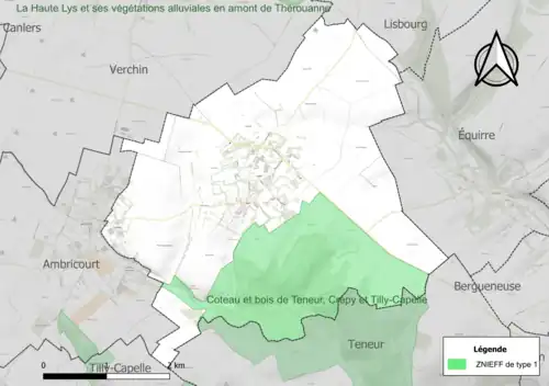 Carte de la ZNIEFF de type 1 sur la commune.