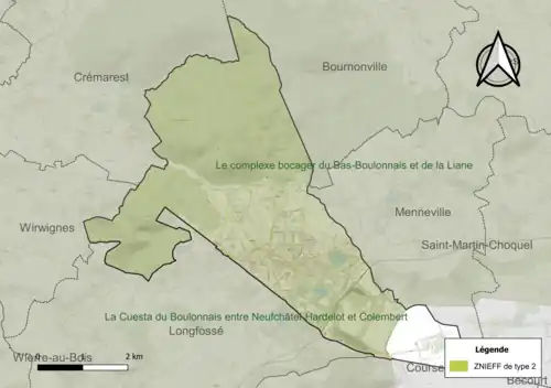 Carte des ZNIEFF de type 2 sur la commune.