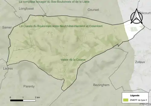 Carte des ZNIEFF de type 2 sur la commune.