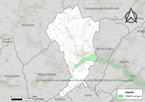 Carte de la ZNIEFF de type 1 sur la commune.
