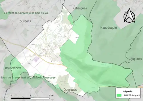 Carte des ZNIEFF de type 1 sur la commune.