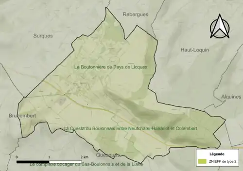 Carte des ZNIEFF de type 2 sur la commune.
