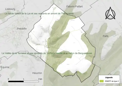 Carte de la ZNIEFF de type 2 sur la commune.
