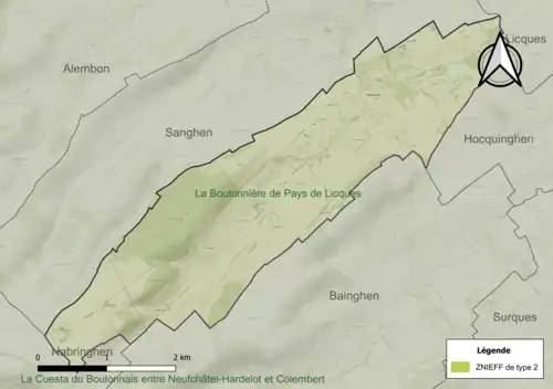 Carte de la ZNIEFF de type 2 sur la commune.