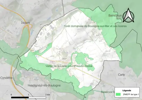 Carte des ZNIEFF de type 1 sur la commune.