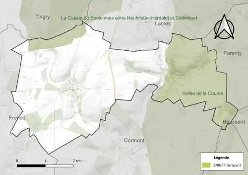 Carte des ZNIEFF de type 2 sur la commune.