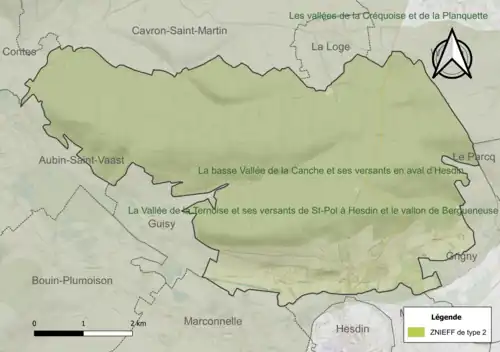 Carte de la ZNIEFF de type 2 sur la commune.