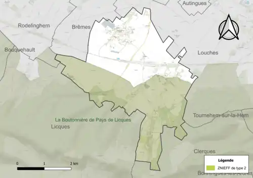 Carte de la ZNIEFF de type 2 sur la commune.